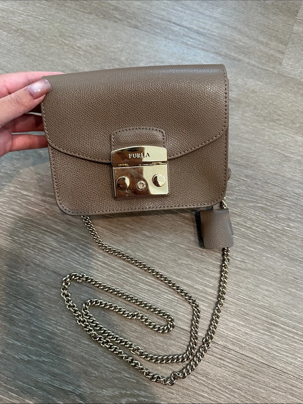 Furla Taupe Leather Mini Crossbody with Gold Lock